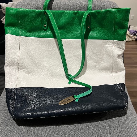 CYNTHIA ROWLEY Navy Green White Color Block Leather XL Tote - Picture 1 of 5